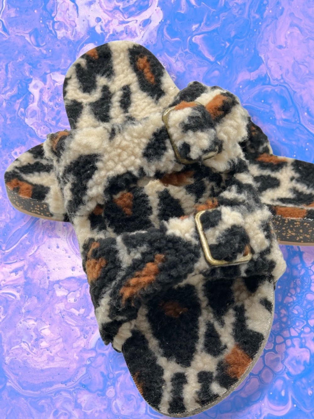 Secret Treasures Leopard Sherpa Double Buckle Cork Slip On Slipper Sandal NWT 11
